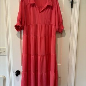 Umgee Coral Tiered Maxi Sundress with Puff Sleeves